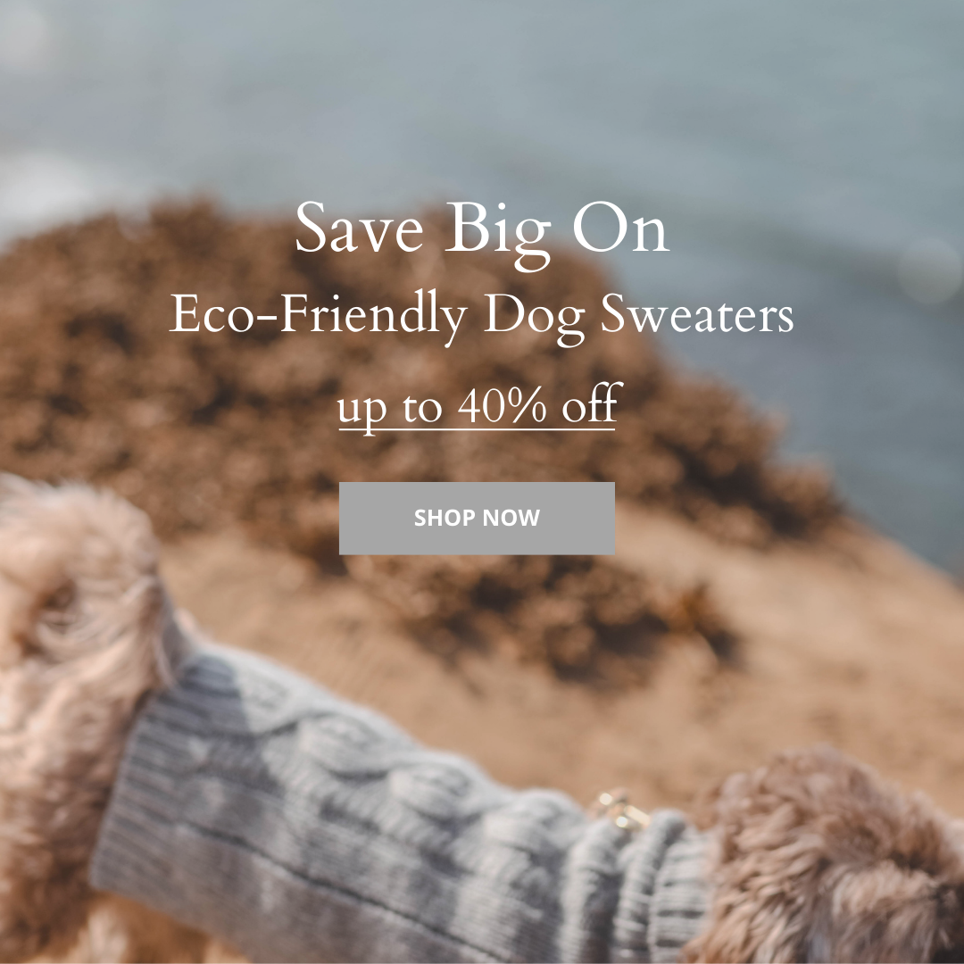 save up to 40% off dog sweaters, eco-friendly dog sweaters, dog sweaters for small dogs, dog sweaters for large dogs, holiday gifting for dogs, stocking stuffers