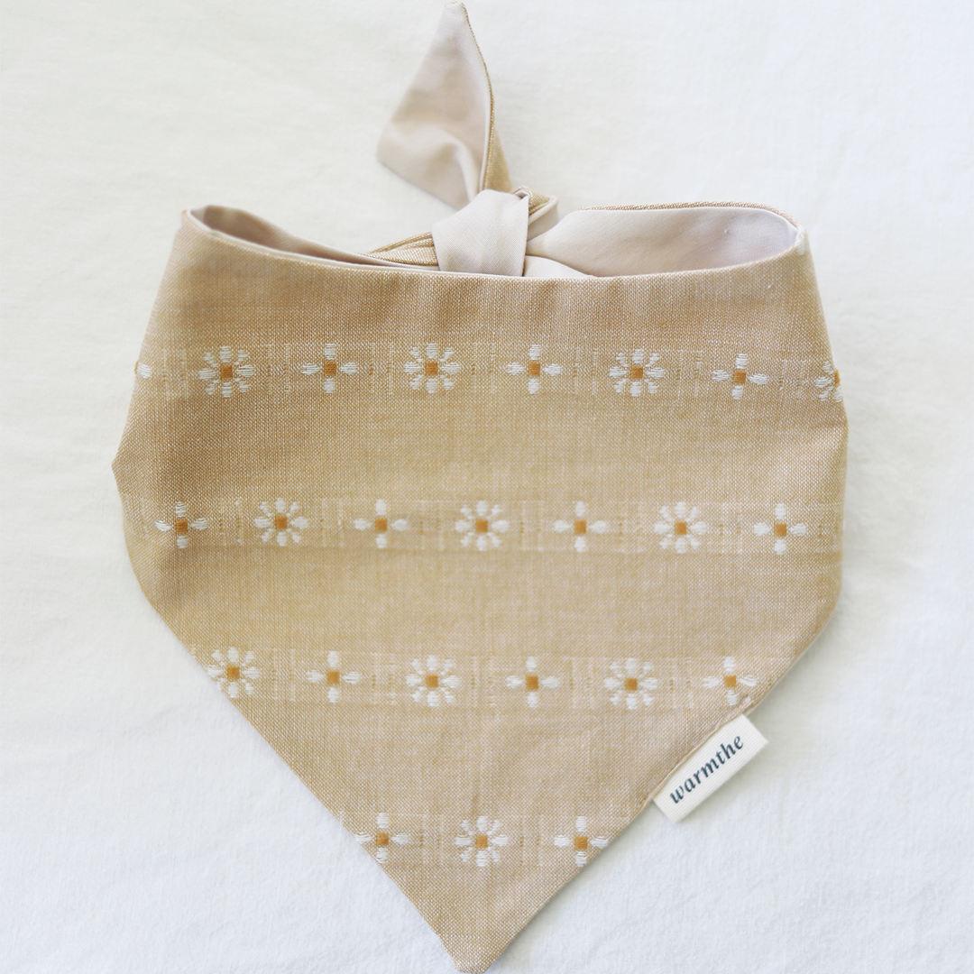 Honey Daisy: Honey Daisy cotton dog bandana with embroidered daisy stitching, tied and laid flat, handmade by warmthe
